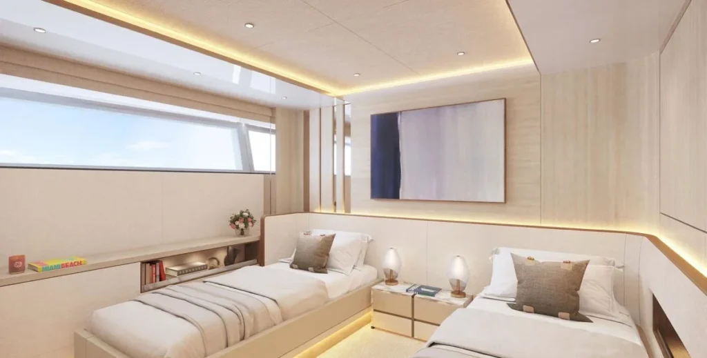 Xwave twin guest cabin with visible bed