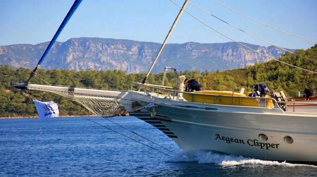 Aegean Clipper foredeck underway with crew on deck