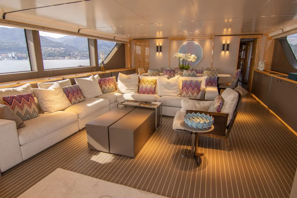 Main salon seating area aboard Akar XIII