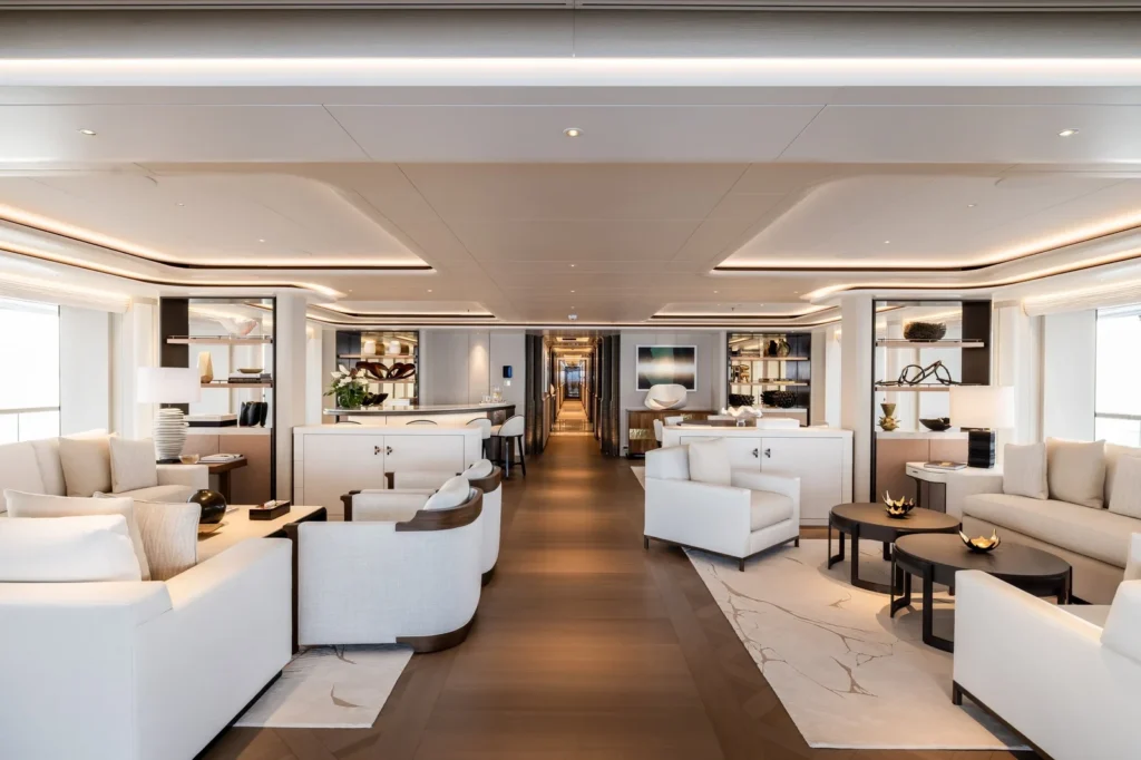 Main salon interior aboard charter yacht Alvia