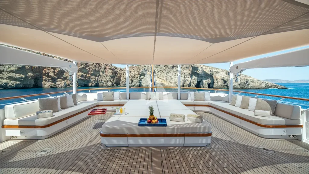 Ancallia Feadship sundeck lounge area with shade canopy