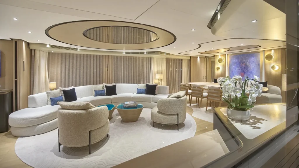 Main saloon and dining area aboard M/Y Awandra