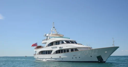 Camellia I classic motor yacht underway, exterior profile view