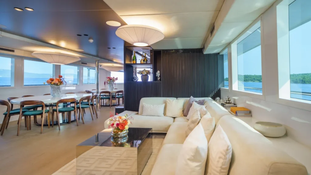 Main saloon lounge and dining area aboard Agape Rose