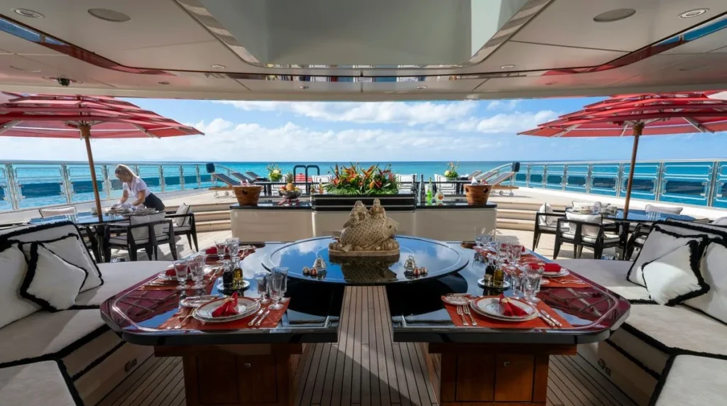 Alfa Nero superyacht aft deck dining table set for guests with red place settings and a centerpiece sculpture, shaded by umbrellas