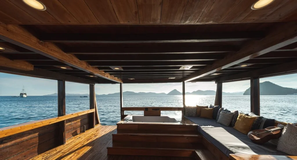 Augustine Phinisi aft deck jacuzzi and lounge seating at sunset
