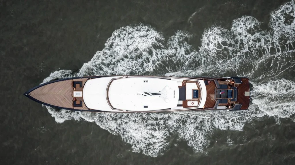 Aerial view of Les Cinq foredeck and sun deck with infinity pool