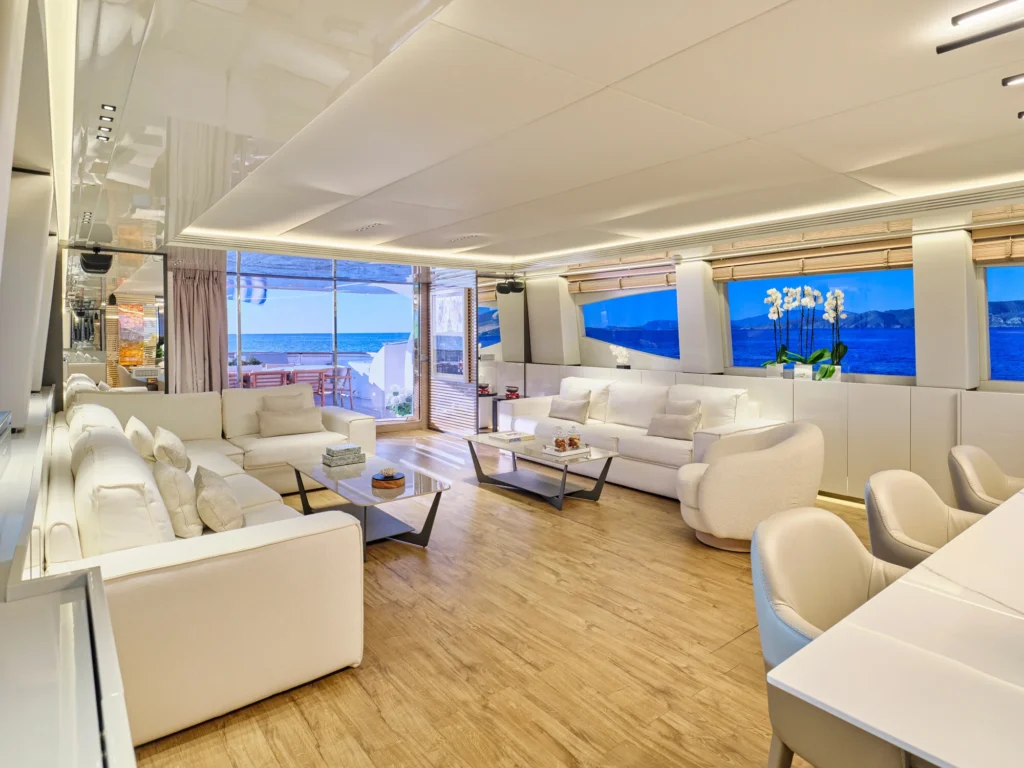 Second lounge seating area with sea views aboard Mamma Mia