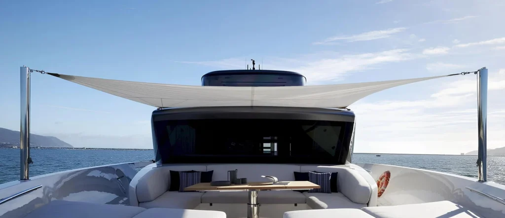 Sabbia SX88 charter yacht aft deck lounge and dining area