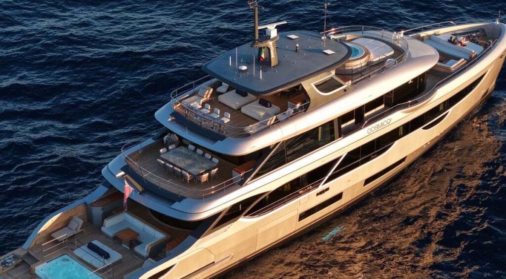 Aerial view of sundeck and aft deck aboard M/Y Cosmico
