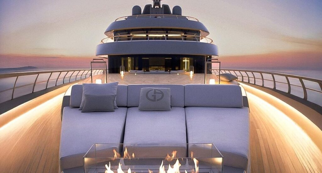 Foredeck lounge aboard M/Y Geco at sunset