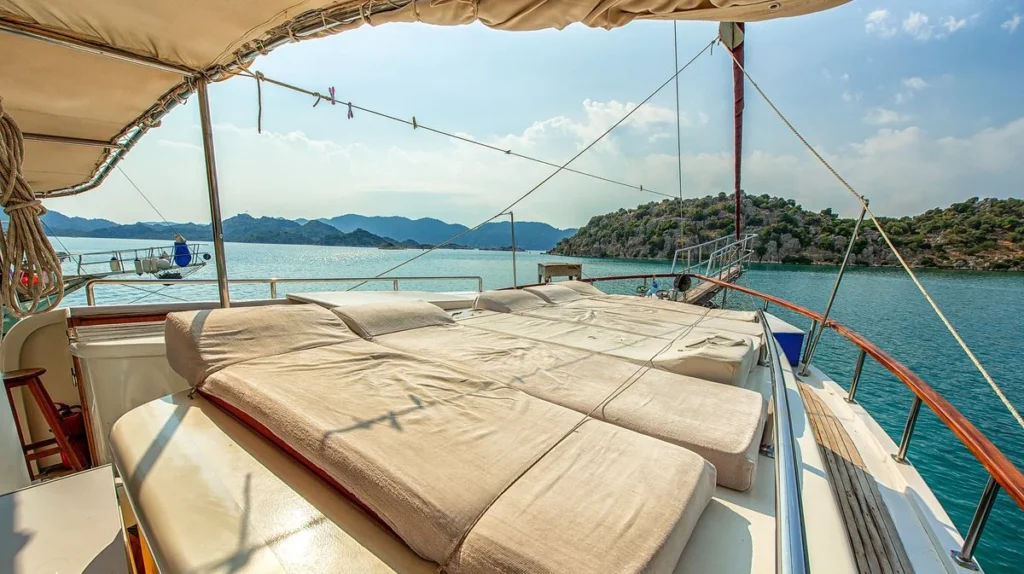 Foredeck sunpads aboard Grand Alaturka overlooking the Turkish coastline