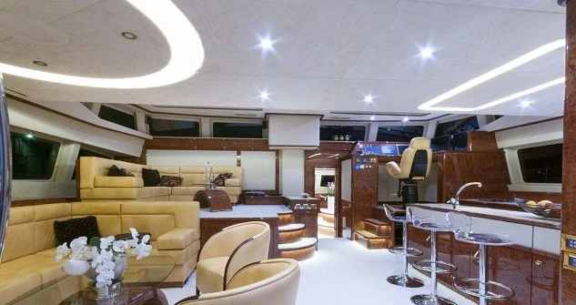 Main salon interior aboard Houbara