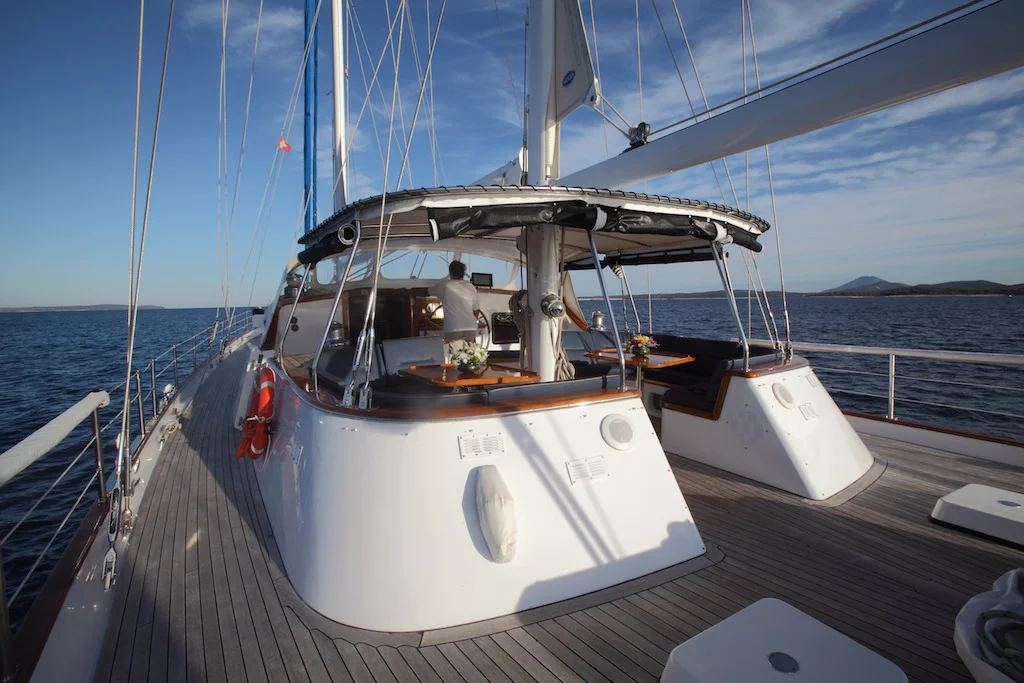 Aft cockpit and deck seating area aboard IWJ Lyra