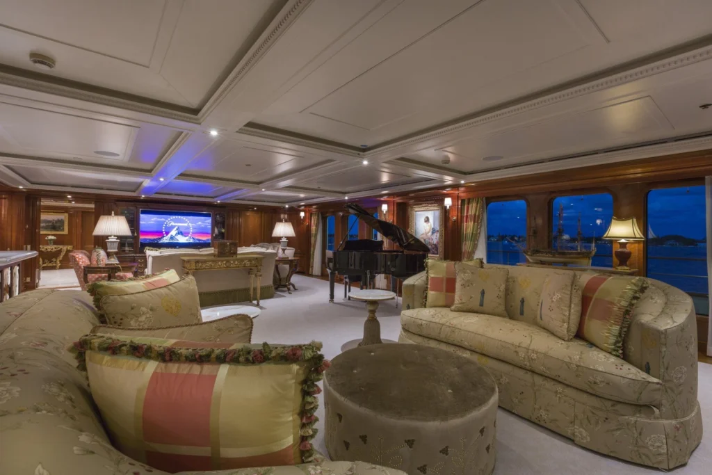 Main salon with grand piano aboard M/Y Katharine