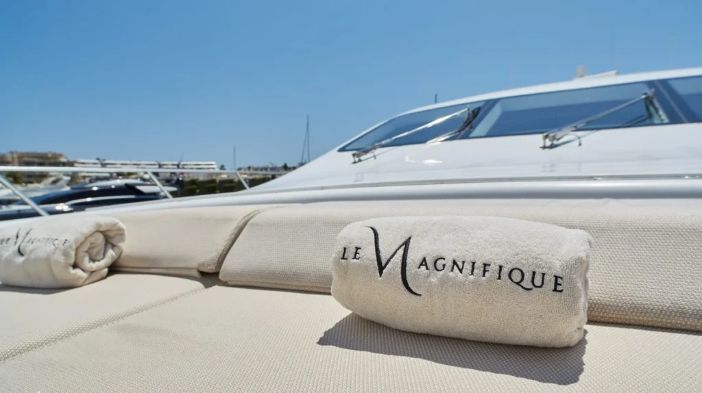 Le Magnifique yacht charter sun deck detail with monogrammed towels
