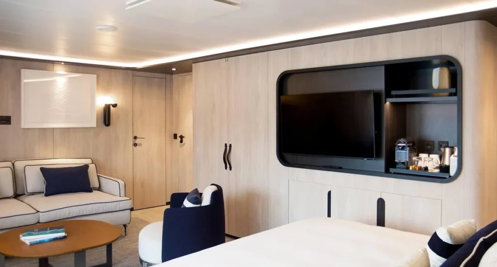 Guest cabin aboard Le Ponant with double bed