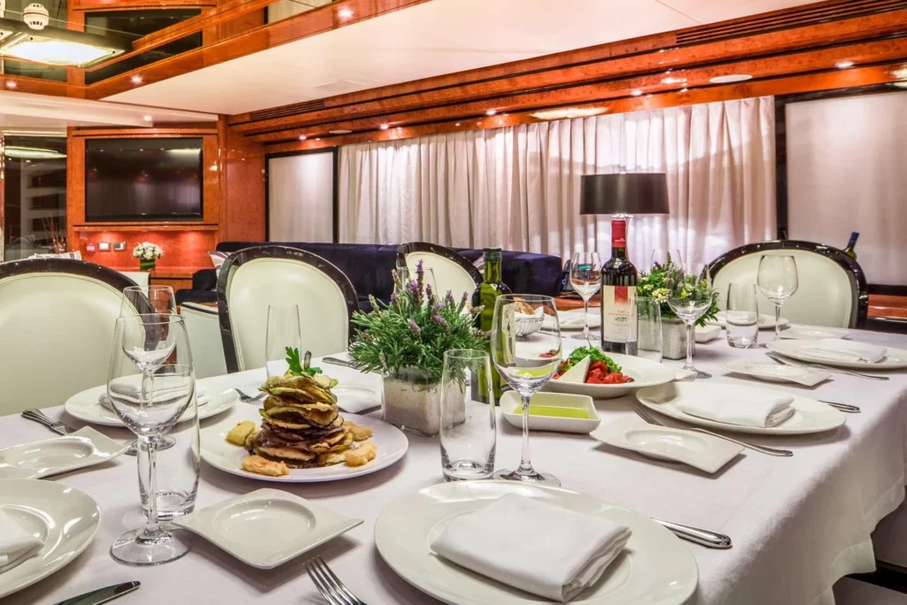 Main salon and dining room aboard M/Y Milos At Sea