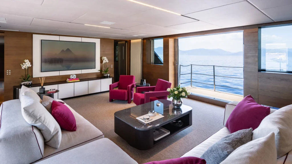 Main salon aboard M/Y NAIA after the 2024 refit