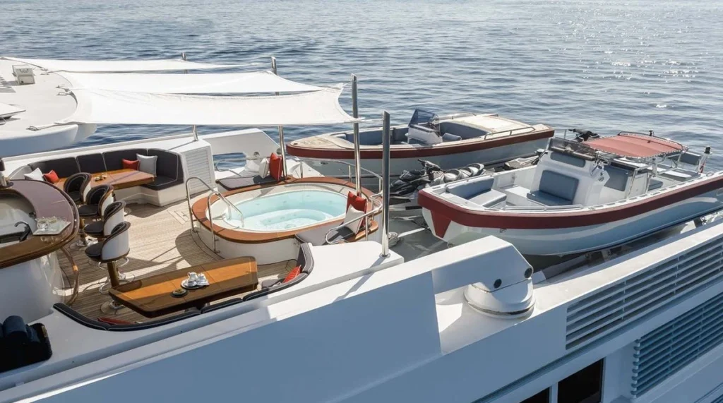 Sun deck jacuzzi and tender stowage aboard Olympus