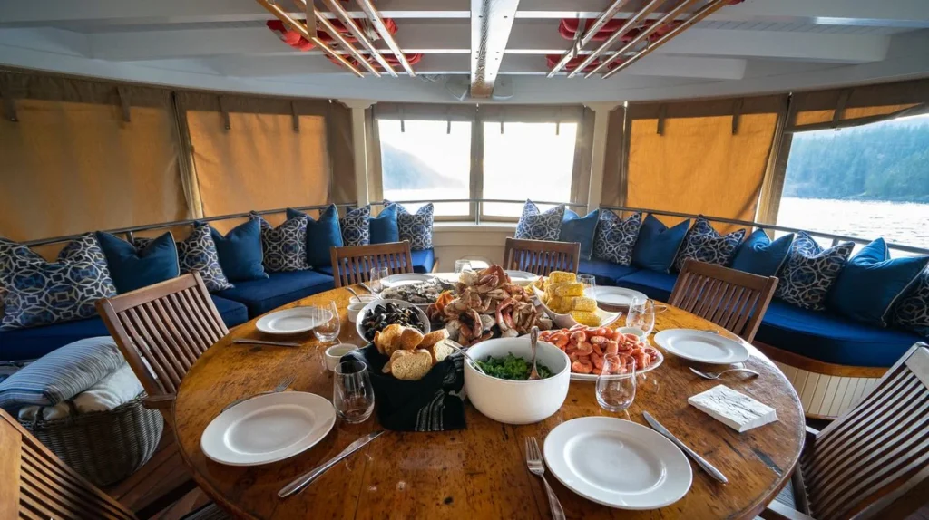 Wood-paneled saloon aboard Pacific Yellowfin with dining seating