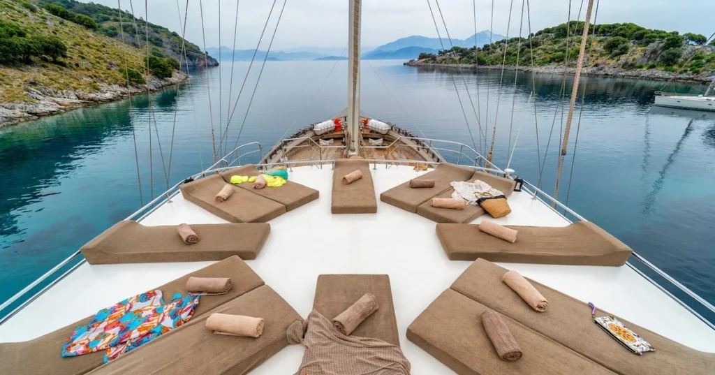 Tersane 8 foredeck sunpads overlooking a quiet anchorage