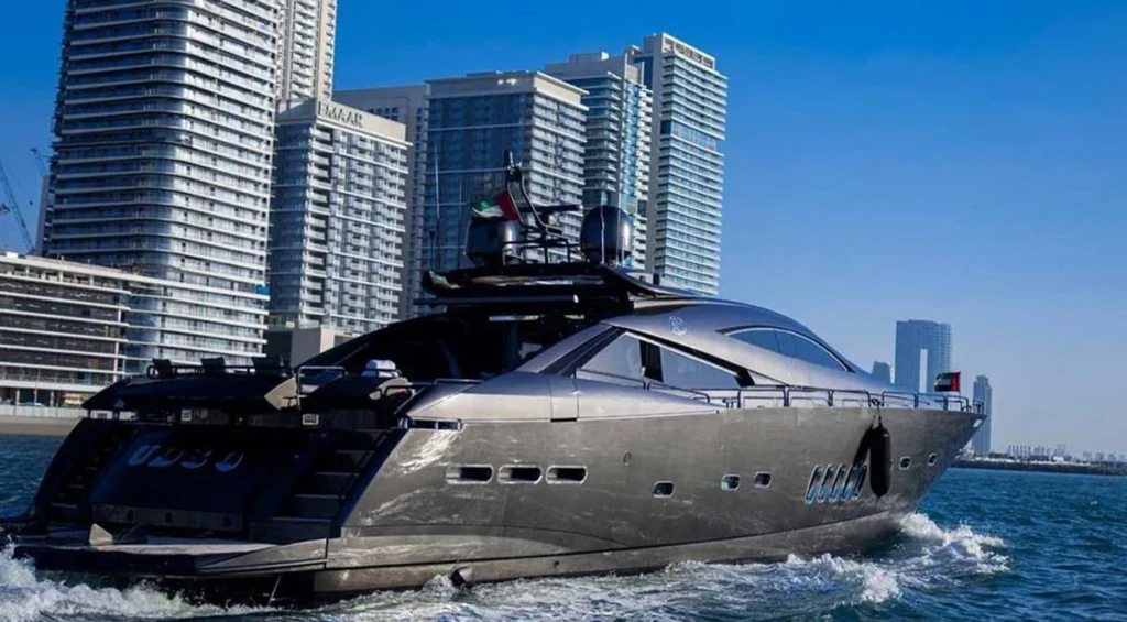 UD30 Sunseeker Predator 95 underway in Dubai Marina with hull name visible